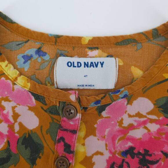 Old Navy 4T Vintage Floral Mustard Yellow 2 Pockets 1/2 Button Down Long Sleeve - Picture 7 of 12